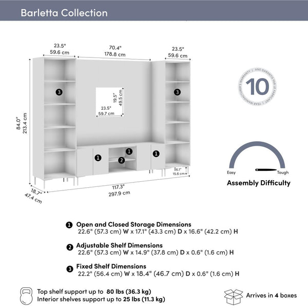 118W Modular Entertainment Center with TV Stand, Media Storage Towers, and Small Wall Panel