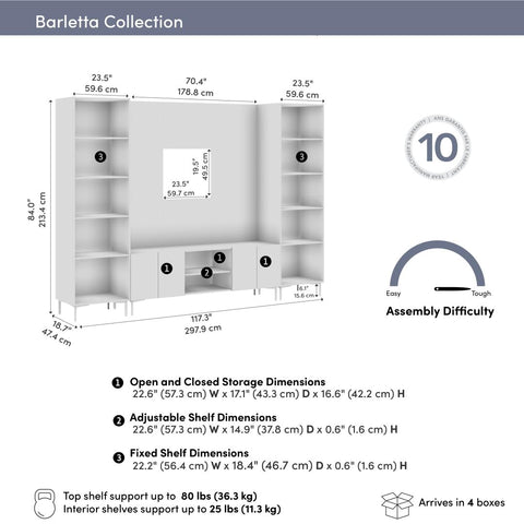 118W Modular Entertainment Center with TV Stand, Media Storage Towers, and Small Wall Panel