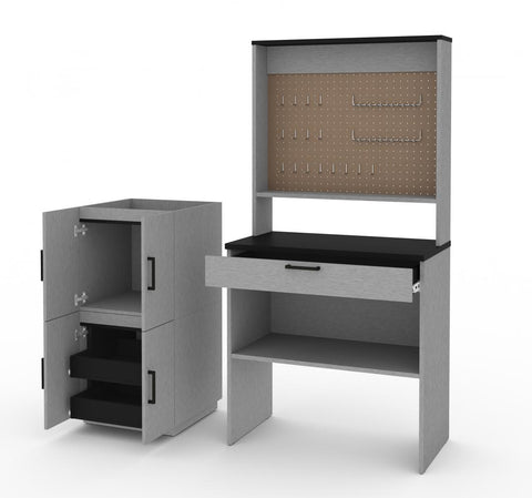 4-Piece Set including a Workbench with Pegboard and Stackable Storage Cabinets