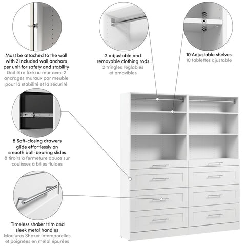 Modular Closet System with Shelves & Drawers, Shaker Style, 71W x 16D