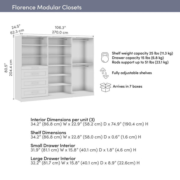 Modular Closet System with Shelves, Drawers, Clothing Rods & LED Lights, Shaker Style, 107W x 25D