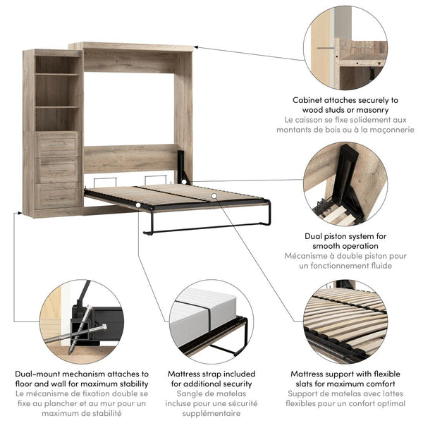 Queen Murphy Bed and Shelving Unit with Drawers (90W)