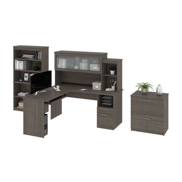 65W L-Shaped Desk with Hutch, Lateral File Cabinet, and Bookcase