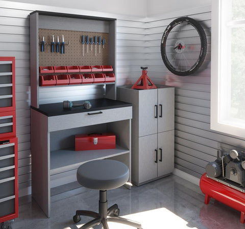 4-Piece Set including a Workbench with Pegboard and Stackable Storage Cabinets