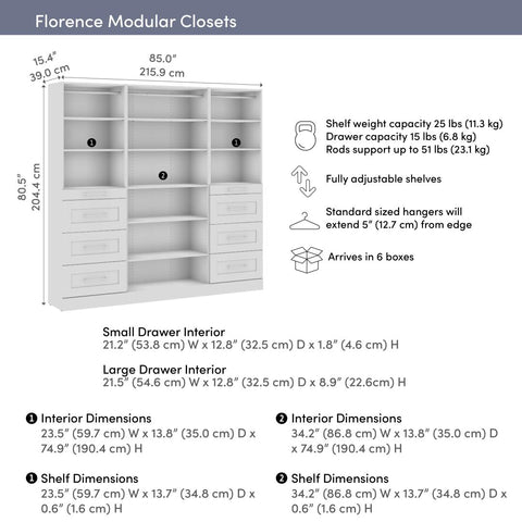 Modular Closet System with Shelves, Drawers & Clothing Rods, Shaker Style, 85W x 16D