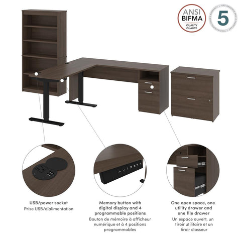 72W L-Shaped Standing Desk with Bookcase and File Cabinet