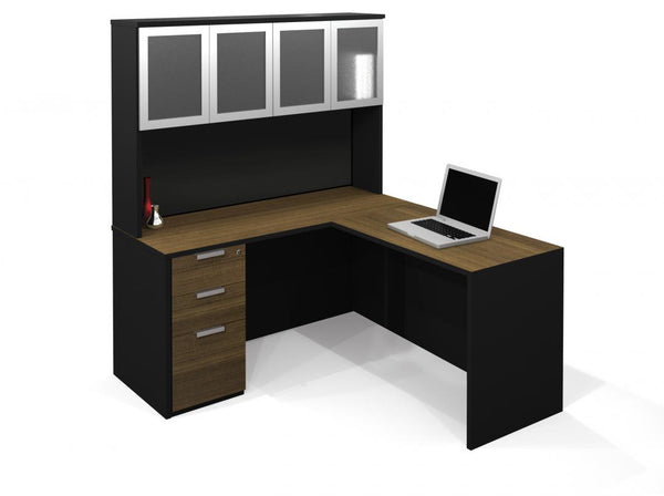 L-Shaped Workstation with High Hutch and Assembled Pedestal