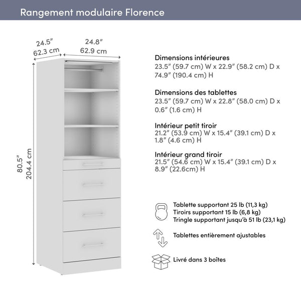 Modular Closet System with Shelves, Drawers, Clothing Rod & LED Light, Slab Style, 25W x 25D