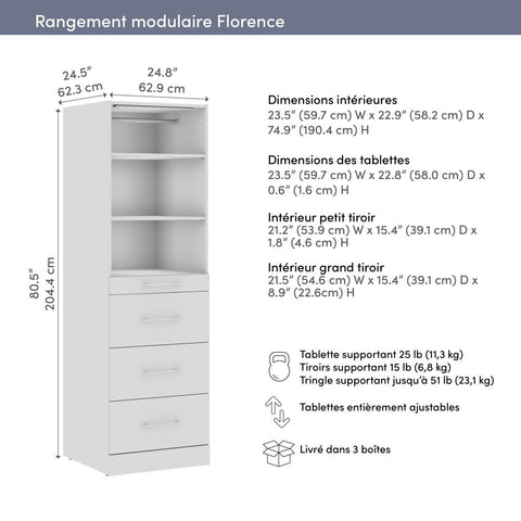 Modular Closet System with Shelves, Drawers, Clothing Rod & LED Light, Slab Style, 25W x 25D