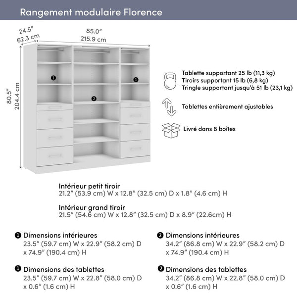 Modular Closet System with Shelves, Drawers, Clothing Rods & LED Lights, Slab Style, 85W x 25D