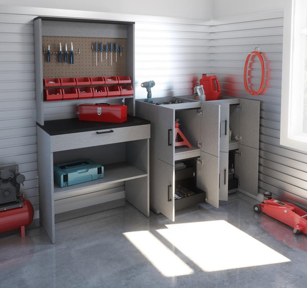 7-Piece Set including a Workbench with Pegboard and Stackable Storage Cabinets