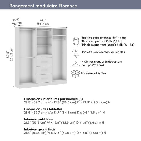 75W x 16D Modular Reach-In Closet System with Rods, Shelves, and Drawers, Slab Style