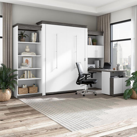 Queen Murphy Bed with Shelves and Storage Cabinet with Fold-Out Desk (126W)