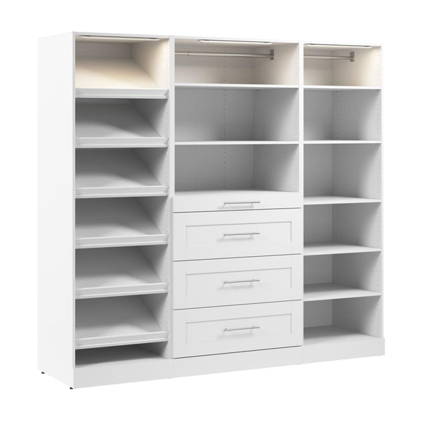 Modular closet System with Shelves, Drawers, Shoe Racks, Clothing Rods & LED Lights, Shaker Style, 85W x 25D