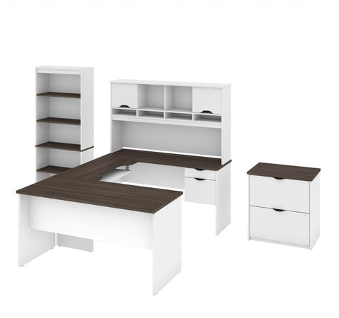 U or L-Shaped Desk with Hutch, a Lateral File Cabinet and a Bookcase
