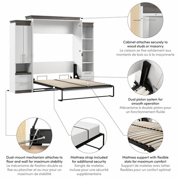 Queen Murphy Bed with Storage Cabinet and Tall Shelf with Drawers (106W)