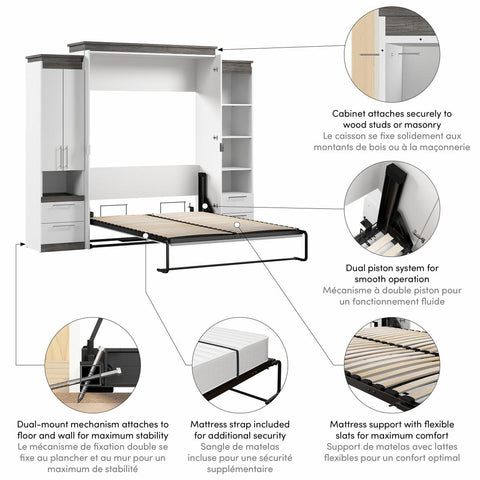 Queen Murphy Bed with Storage Cabinet and Tall Shelf with Drawers (106W)