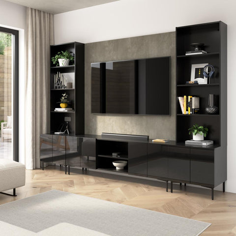 118W Modular Entertainment Center with TV Stand, Storage Cabinets with Hutches, and Small Wall Panel