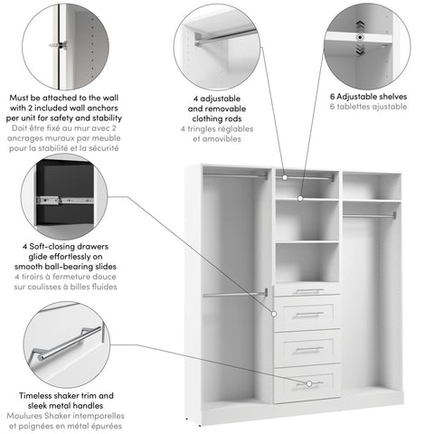 Modular Closet System with Shelves, Drawers & Clothing Rods, Shaker Style, 75W x 16D