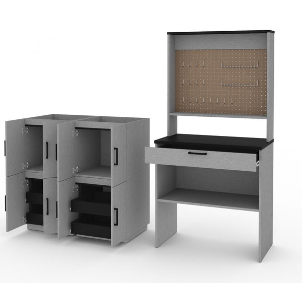 7-Piece Set including a Workbench with Pegboard and Stackable Storage Cabinets