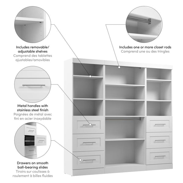 Contemporary Closet System with Shelves, Drawers & Clothing Rods, 86W x 19D