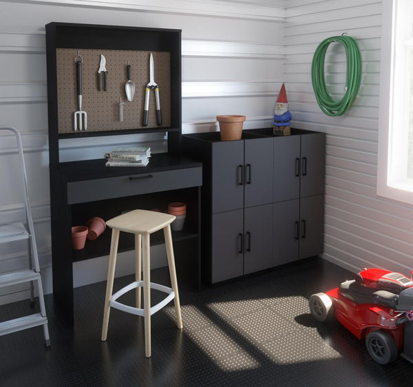 7-Piece Set including a Workbench with Pegboard and Stackable Storage Cabinets