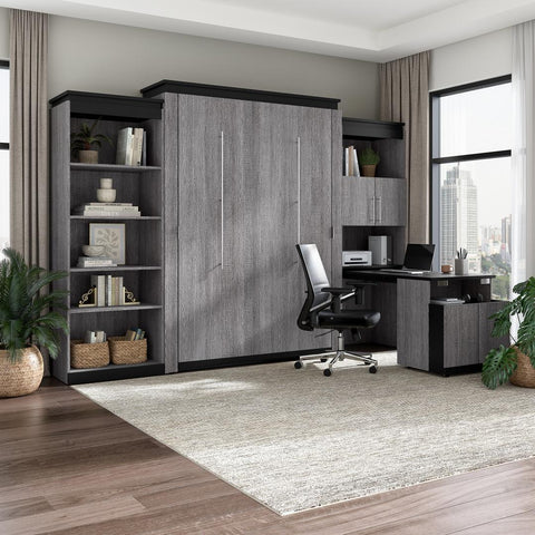 Queen Murphy Bed with Shelves and Storage Cabinet with Fold-Out Desk (126W)