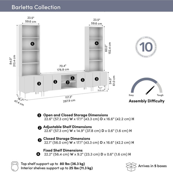 118W Modular Entertainment Center with TV Stand and Storage Cabinets with Hutches