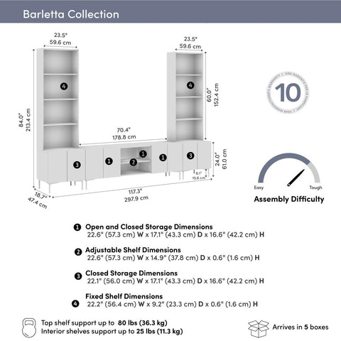 118W Modular Entertainment Center with TV Stand and Storage Cabinets with Hutches