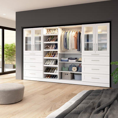 Modular Closet System with Shelves, Drawers, Doors, Shoe Racks, Clothing Rod & LED Lights, Shaker Style, 132W x 25D