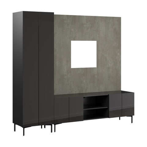 94W Modular Entertainment Center with TV Stand, Tall Storage Cabinet, and Small Wall Panel