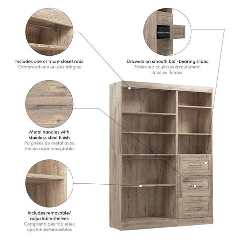 Contemporary Closet System with Shelves, Drawers & Clothing Rods, 61W x 19D