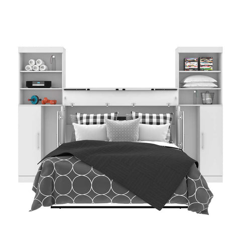 5-Piece Set Including One Queen Cabinet Bed with Mattress, Two 26″ Storage Units, and Two Hutches