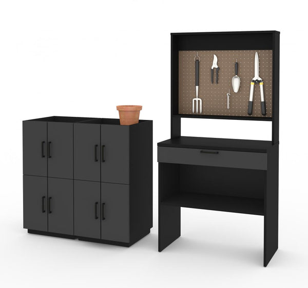 7-Piece Set including a Workbench with Pegboard and Stackable Storage Cabinets