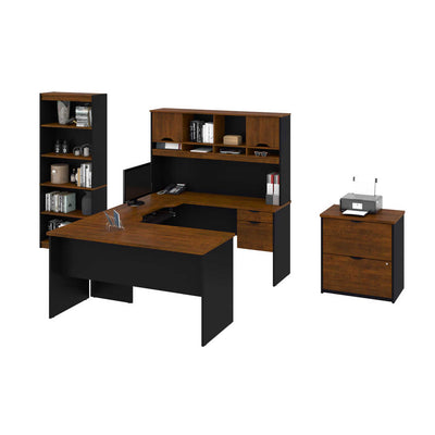 U or L-Shaped Desk with Hutch, a Lateral File Cabinet and a Bookcase