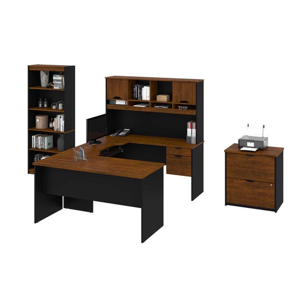 U or L-Shaped Desk with Hutch, a Lateral File Cabinet and a Bookcase