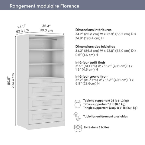 Modular Closet System with Shelves, Drawers & LED Light, Shaker Style, 36W x 25D