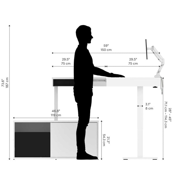 81W L-Shaped Standing Desk with Dual Monitor Arm and Credenza