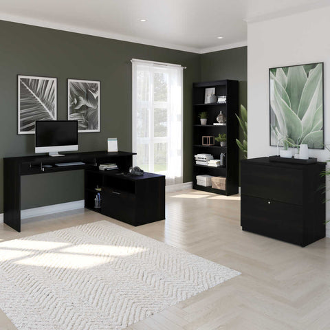 3-Piece set including a small L-shaped desk, a Lateral File cabinet, and a bookcase