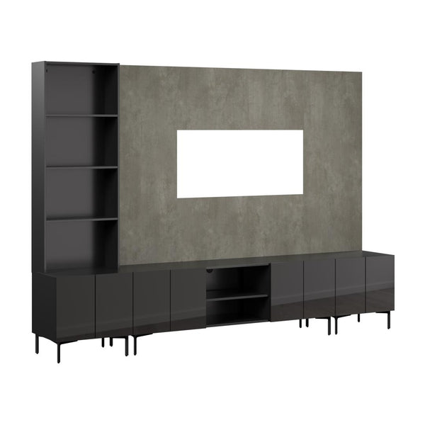 118W Modular Entertainment Center with TV Stand, Storage Cabinets, Hutch, and Large Wall Panel