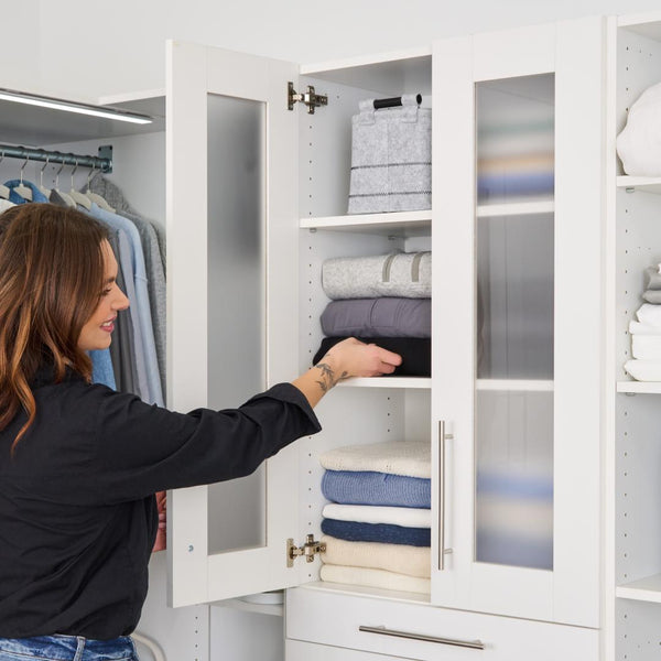 Modular Closet System with Shelves, Drawers, Doors, Clothing Rods & LED Lights, Shaker Style, 100W x 25D