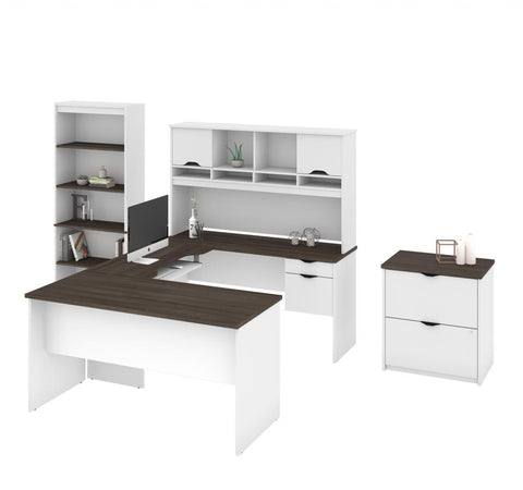 U or L-Shaped Desk with Hutch, a Lateral File Cabinet and a Bookcase