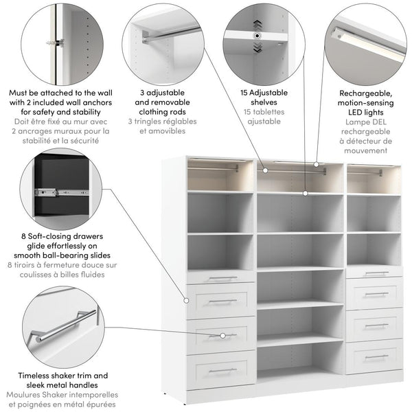 Modular Closet System with Shelves, Drawers, Clothing Rods & LED Lights, Shaker Style, 85W x 25D