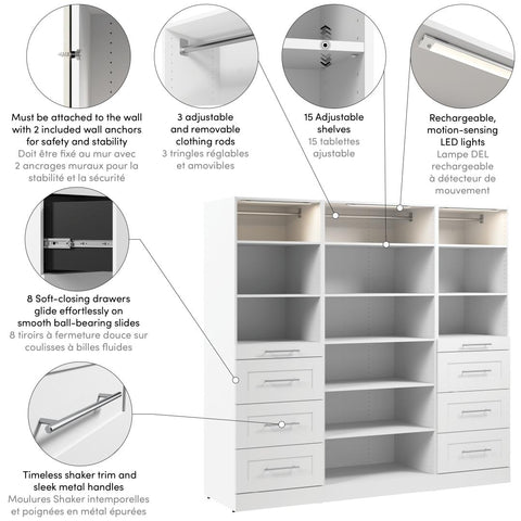 Modular Closet System with Shelves, Drawers, Clothing Rods & LED Lights, Shaker Style, 85W x 25D