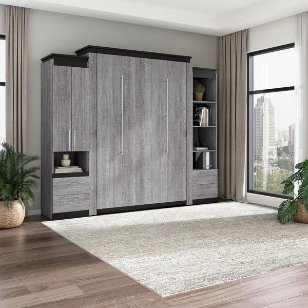 Queen Murphy Bed with Storage Cabinet and Tall Shelf with Drawers (106W)