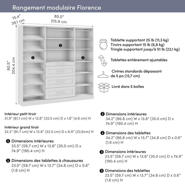 Modular Closet System with Shelves, Drawers, Shoe Racks & Clothing Rods, Shaker Style, 85W x 16D