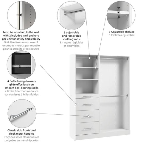 Modular Closet System with Shelves, Drawers & Clothing Rods, Slab Style, 61W x 16D
