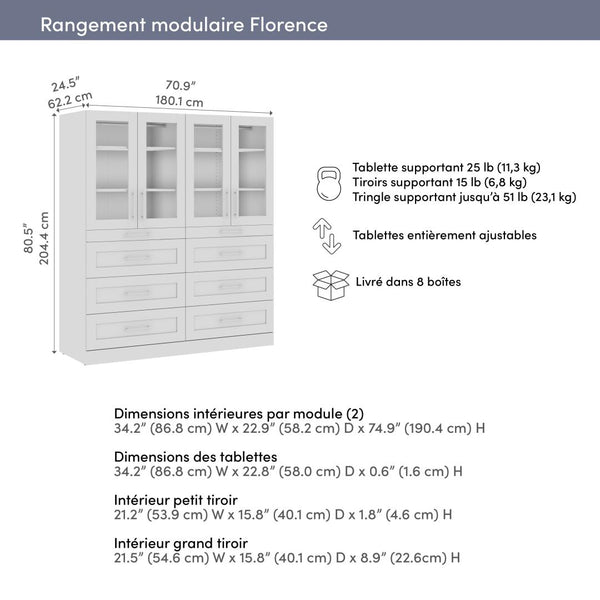 Modular Closet System with Shelves, Drawers, Doors & LED Lights, Shaker Style 71W x 25D