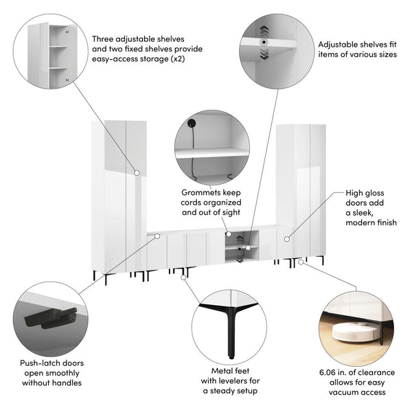 141W Modular Entertainment Center with TV Stand, Storage Cabinet, and Tall Storage Cabinets
