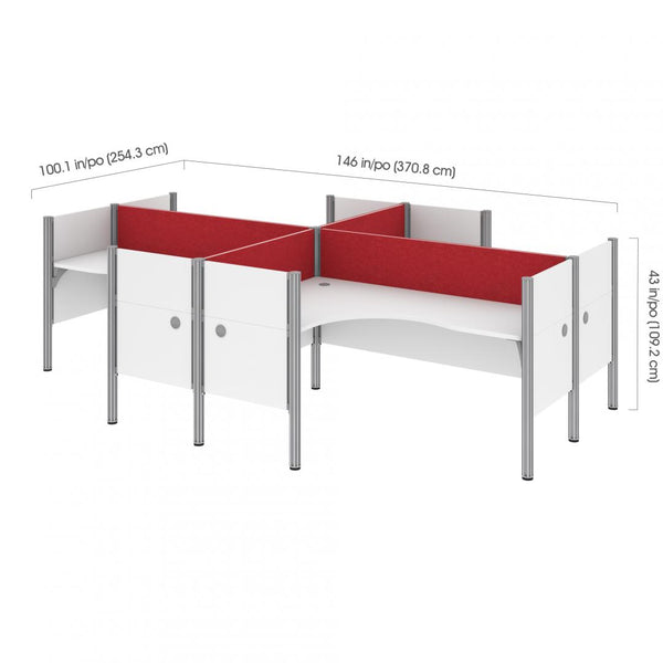 4-Person Office Cubicles with Red Tack Boards and Low Privacy Panels